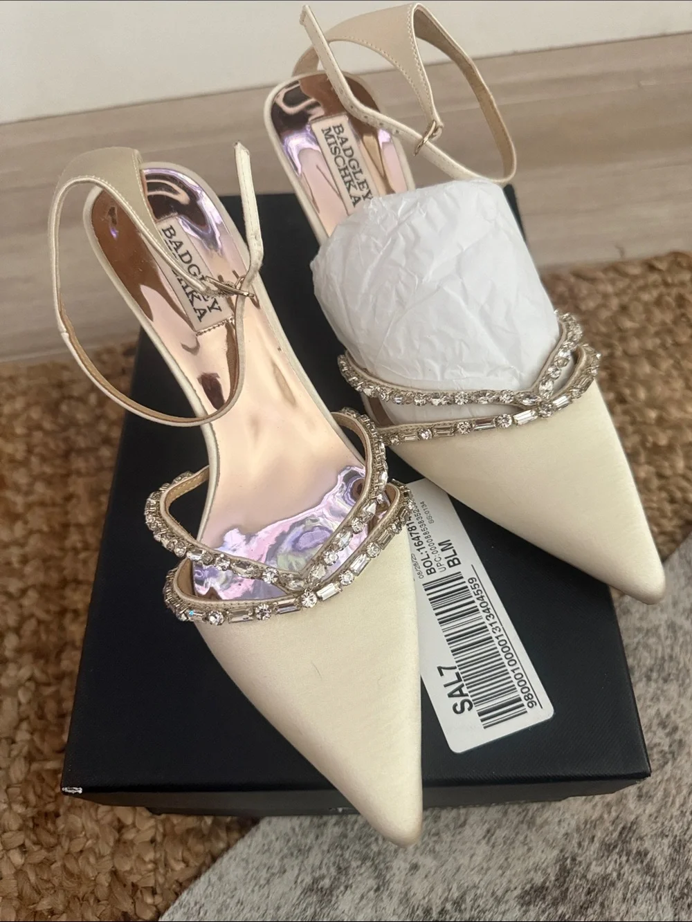 Badgley Mischka Cream Pointed-Toe Embellished Slingback Heels